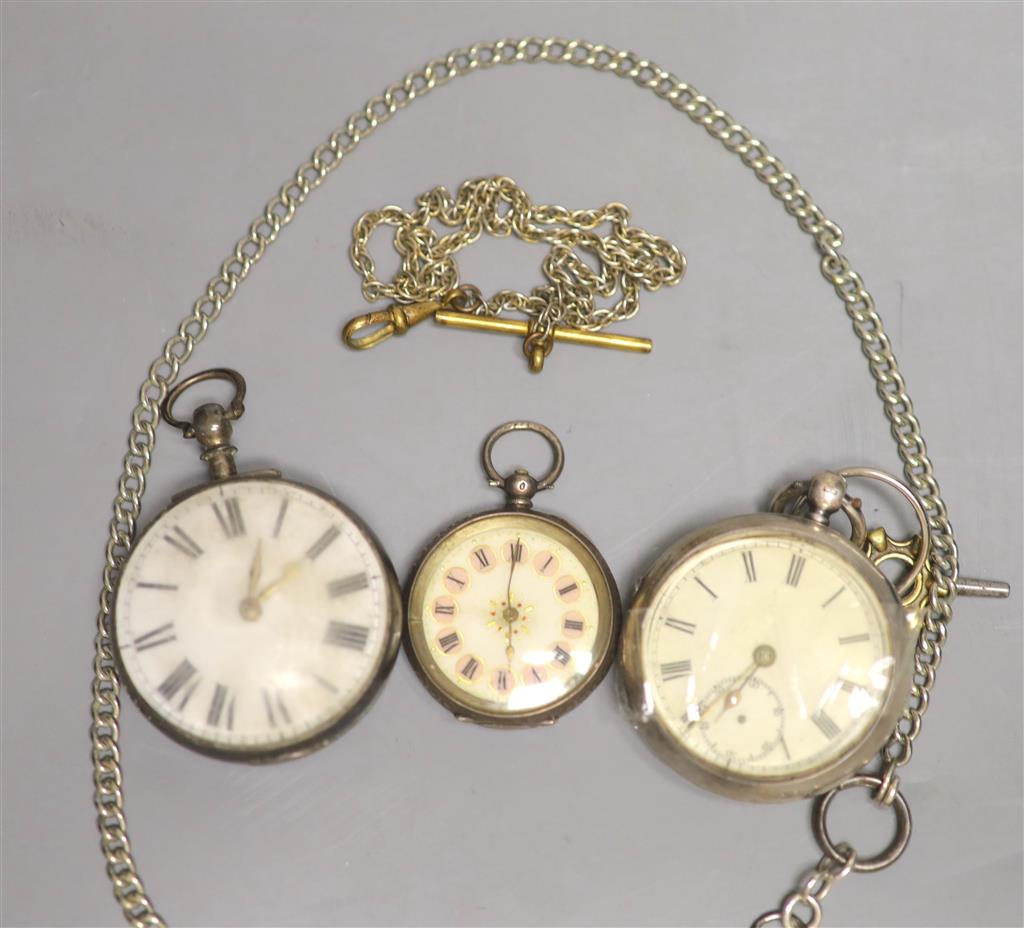 A Victorian silver pair cased keywind verge pocket watch, 2 others and two chains.